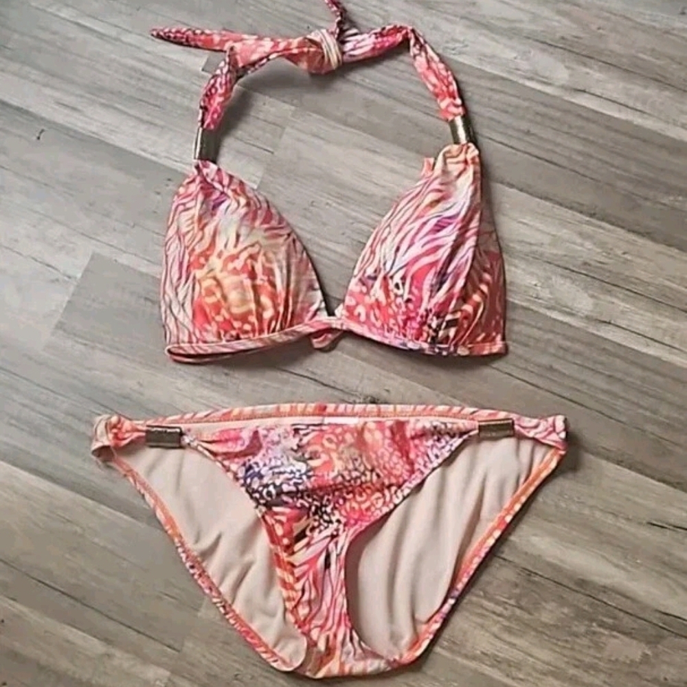 🥳3 For $15🥳Pink Orange Animal Multi-Print Halter Bikini W/ Metal Accents